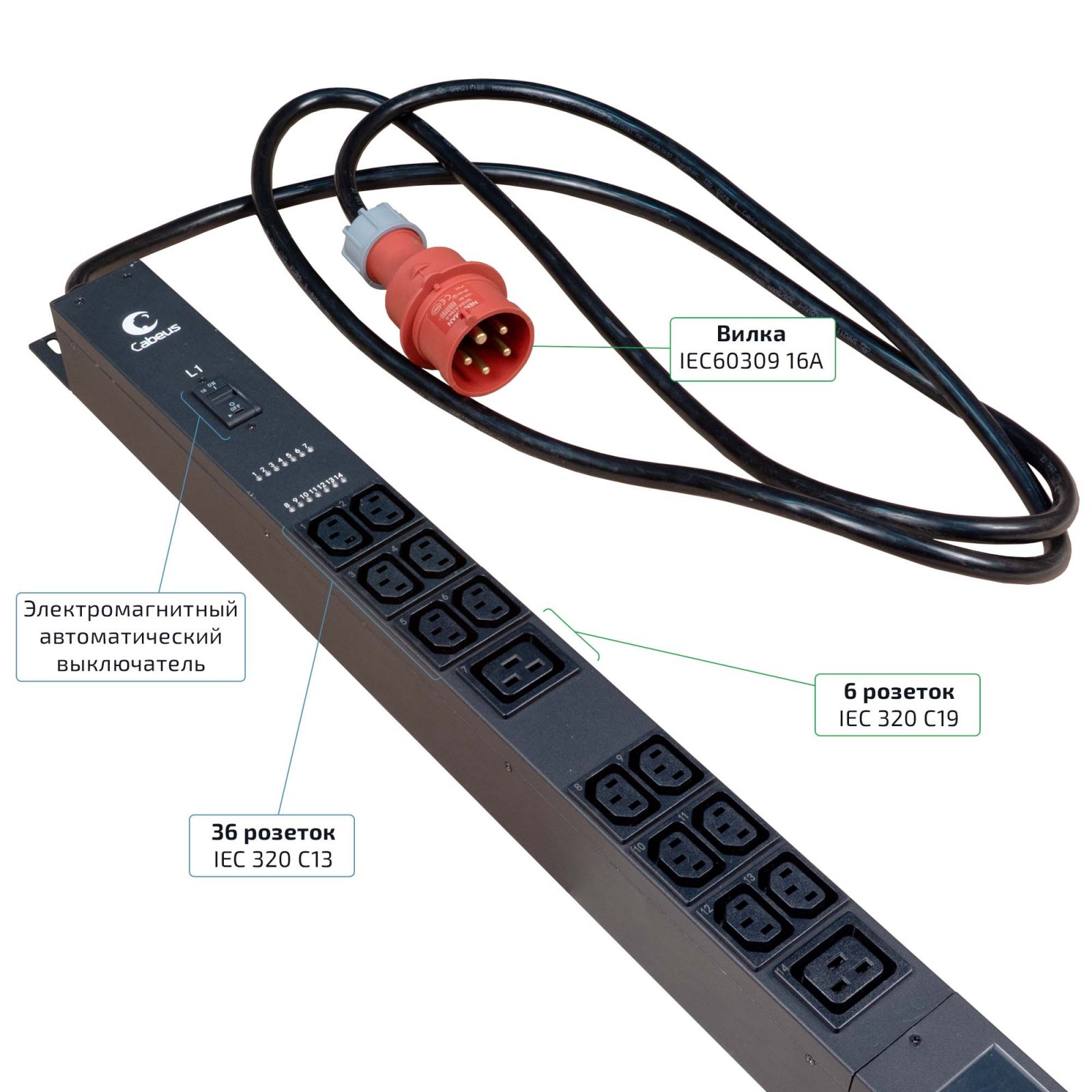 Cabeus SMART-PDU-16-3P-36C13-6C19-I309-CM Блок распределения питания, вертикальный, 36 розеток IEC 320 C13, 6 розеток IEC 320 C19, 3 фазы, 16А, 3х16А автомата защиты, 400В, мониторинг/управление, шнур 3м 5х2,5мм с вилкой IEC 60309 фото 8