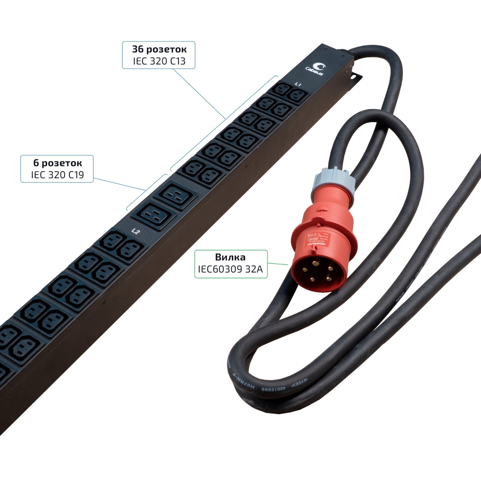 Cabeus SMART-PDU-32-3P-36C13-6C19-I309-M Блок распределения питания, вертикальный, 36 розеток IEC 320 C13, 6 розеток IEC 320 C19, 3 фазы, 32А, 3х32А автомата защиты, 400В, мониторинг, шнур 3м 5х6мм с вилкой IEC 60309 фото 6