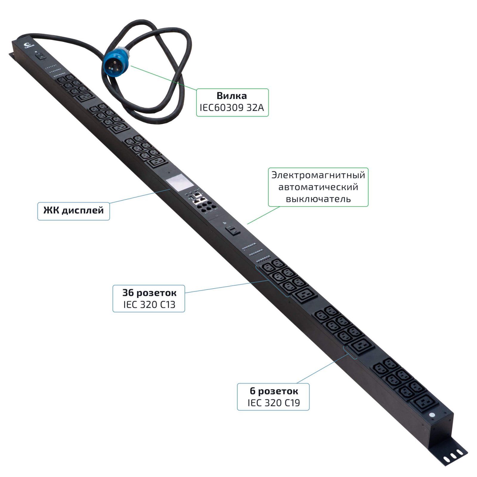 Cabeus SMART-PDU-32-1P-36C13-6C19-I309-CM Блок распределения питания, вертикальный, 36 розеток IEC 320 C13, 6 розеток IEC 320 C19, 1 фаза, 32А, 2х16А, автомат защиты, 250В, мониторинг/управление, шнур 3м 3х6мм с вилкой IEC 60309SMART-PDU-32-1P-36C13-6C19-I309-CM фото