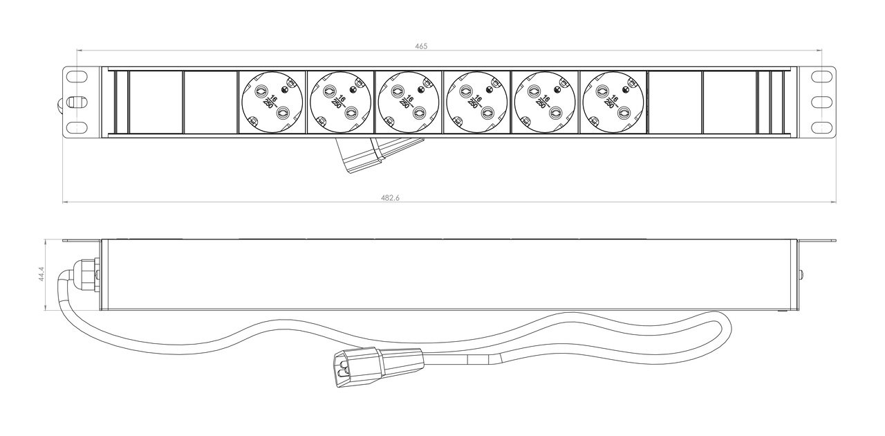 Блок розеток для 19 шкафов, горизонтальный, 6 универсальных розеток, 16A, шнур с вилкой ЕС 2.5м фото 3