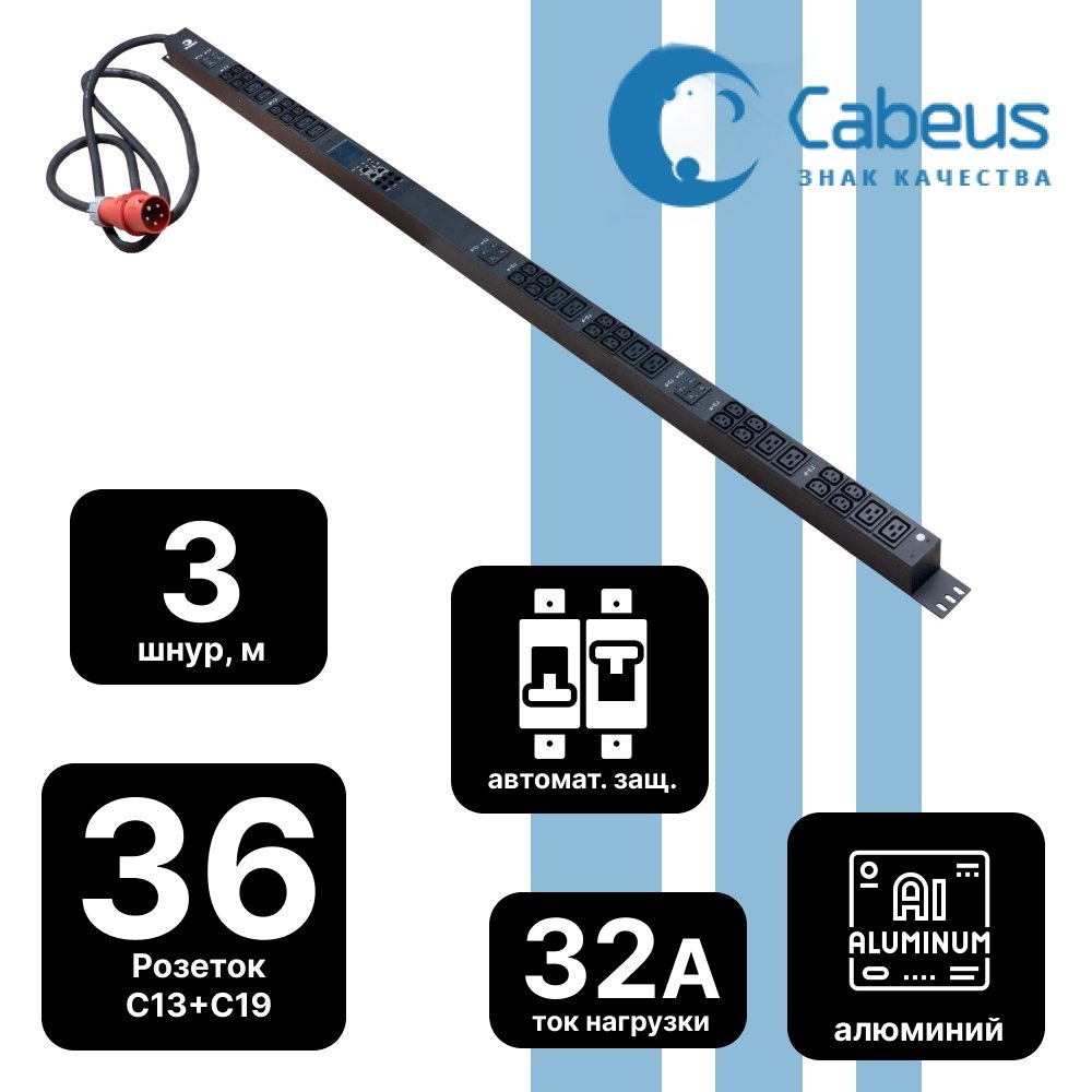 Cabeus SMART-PDU-32-3P-24C13-12C19-I309-M Блок распределения питания, вертикальный, 24 розеток IEC 320 C13, 12 розеток IEC 320 C19, 3 фазы, 32А, 6х16А автомата защиты, 400В, мониторинг, шнур 3м 5х6мм с вилкой IEC 60309SMART-PDU-32-3P-24C13-12C19-I309-M фото