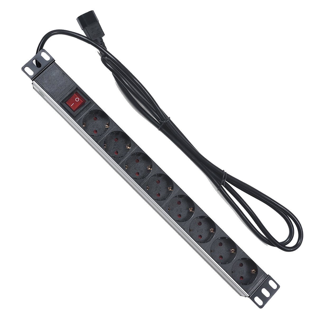 RC19 PDU-8P-2IEC/EY01B-1U-GER8-KG-C14 +2m Блок евророзеток для 19 шкафов, горизонтальный, 8 розеток, 10 A, выключатель, алюминиевый корпус, шнур 2 м, вилка IEC 320 C14 фото 4