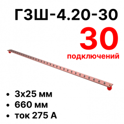 RC19 ГЗШ-4.20-30 Медная шина 4х20 мм, 30 подключений, 660 мм, ток 275 А