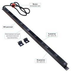 Cabeus SMART-PDU-32-3P-36C13-6C19-I309-CM Блок распределения питания, вертикальный, 36 розеток IEC 320 C13, 6 розеток IEC 320 C19, 3 фазы, 32А, 6х16А автомата защиты, 400В, мониторинг/управление, шнур 3м 5х6мм с вилкой IEC 60309