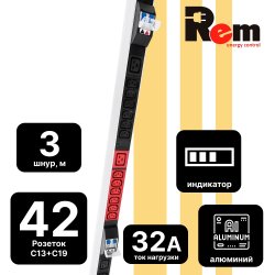 Верт блок розеток Rem-3x32, 3 фазы 32A, 6 авт, инд, 36 C13, 6 C19, 1820 мм, вх IEC 309, шнур 3 м