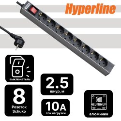 Hyperline Блок розеток для 19 шкафов, горизонтальный, 8 универсальных розеток, 16A, выключатель, шнур 2.5м