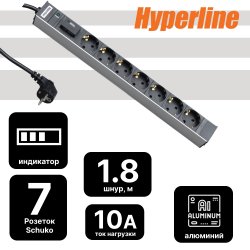 Блок розеток Hyperline SHT19-7SH-IF-2.5EU 19 дюймов, 220В, 1U, 8 розеток, 2К+З, шнур питания 1,8 м., 16А
