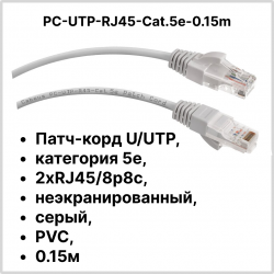 Cabeus PC-UTP-RJ45-Cat.5e-0.15m Патч-корд U/UTP, категория 5е, 2xRJ45/8p8c, неэкранированный, серый, PVC, 0.15мPC-UTP-RJ45-Cat.5e-0.15m фото