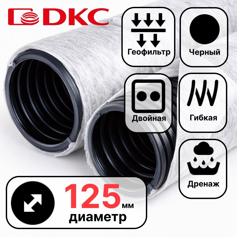 Труба гибкая двустенная дренажная д.125мм с геофильтром, класс SN6, перфорация 360 град., цвет черный141912A фото