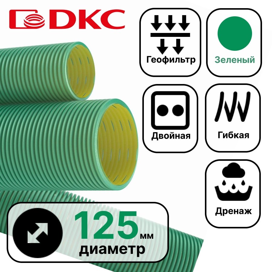Труба гибкая двустенная дренажная д.125мм, класс SN6, перфорация 360 град., цвет зеленый140912 фото