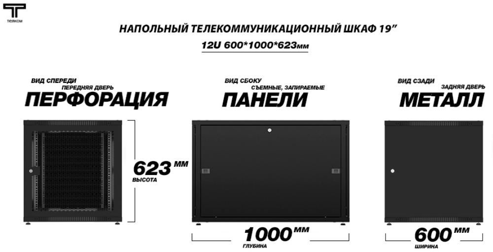 Шкаф рэковый 12U черного цвета дверь пердняя перфорированная и задняя металл ТЕЛКОМ