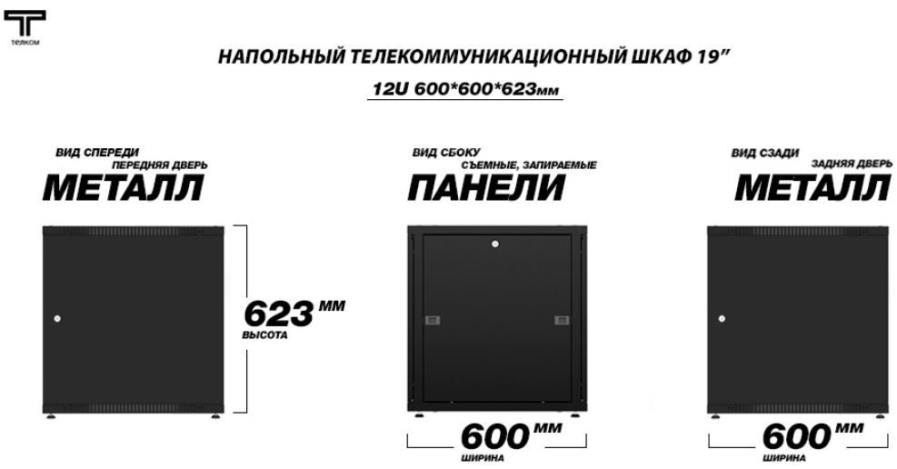 Шкаф 12U 600 800 с перфорированной и металлической дверью черного цвета ТЕЛКОМ