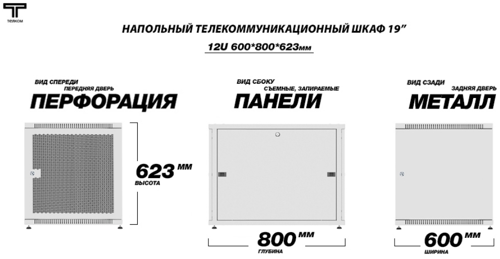 Небольшой напольный сетевой шкаф 12U 600 800 с перфорированной и металлической дверью
