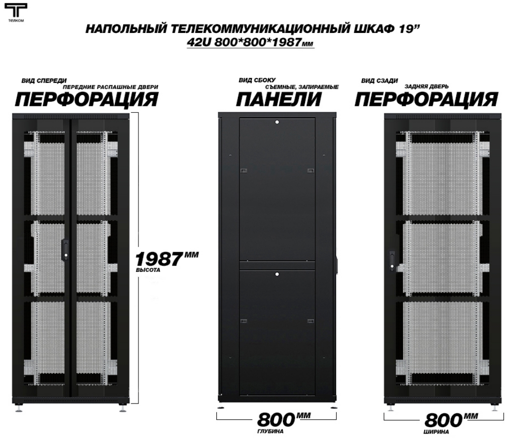 Шкаф 42U 800х800 с перфорированными предними и задними дверями Телком
