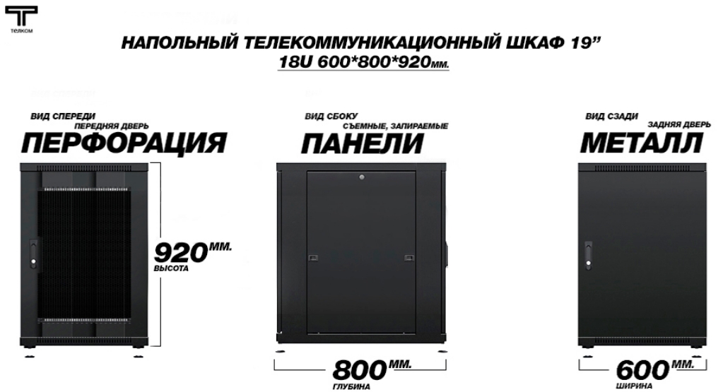 Шкаф 18U 600 800 перфорация передняя и задняя металлическая ТЕЛКОМ