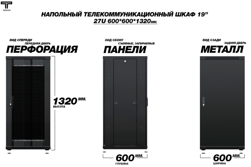 Шкаф 27U 600 600 перфорированная и металлическая Телком