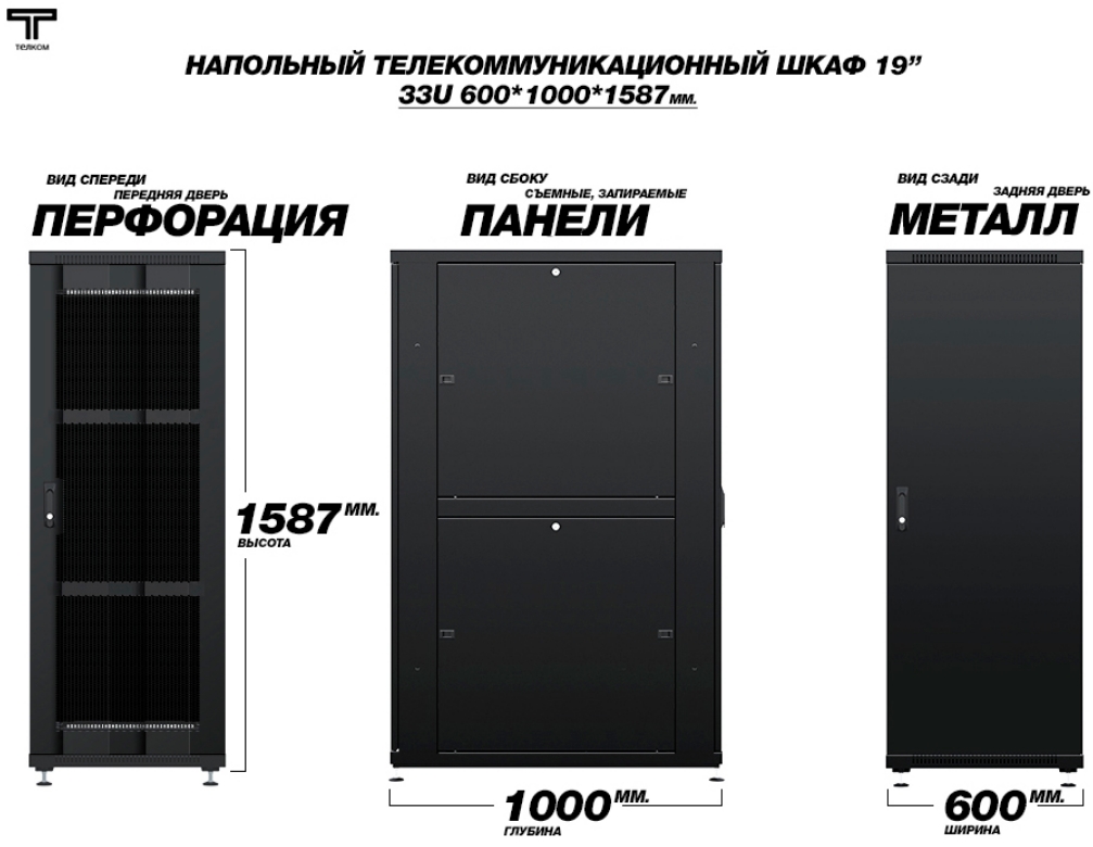 Шкаф 33U 600 1000 с перфорированной дверью и металлической задней дверью ТЕЛКОМ