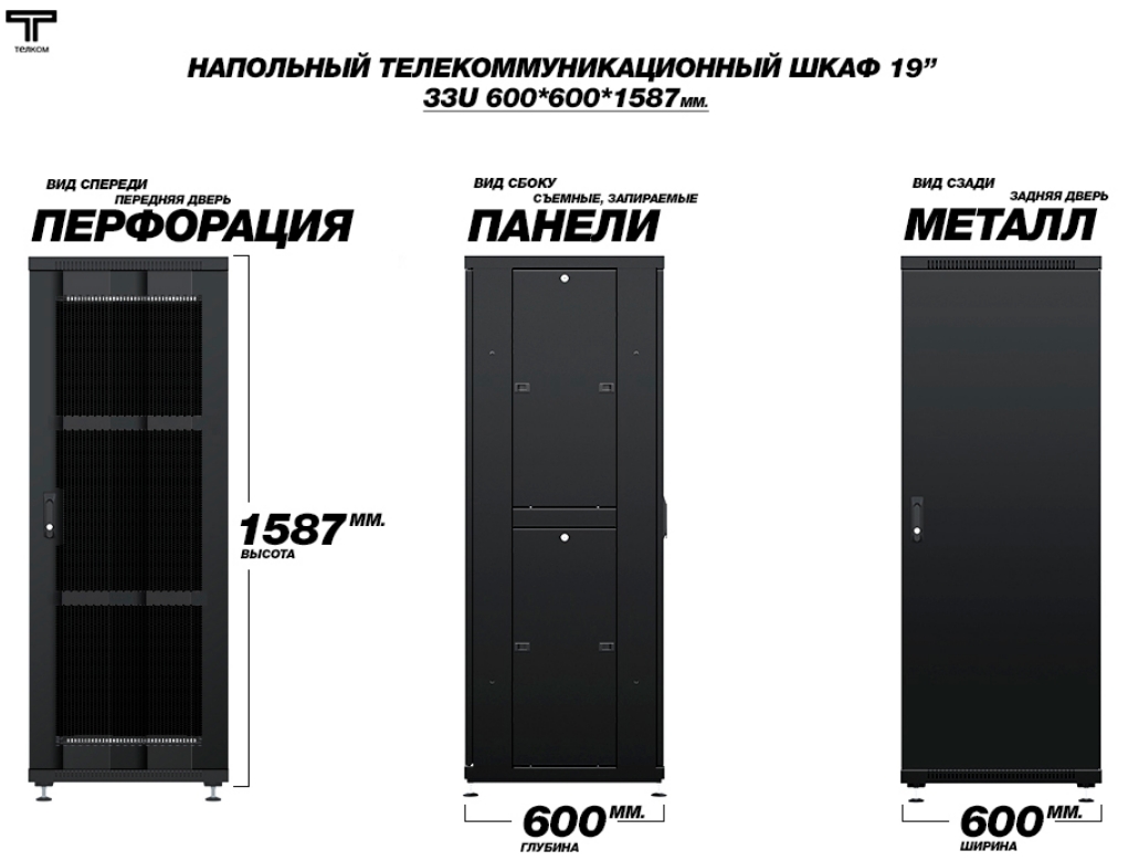 Шкаф 33 600 600 перфорированная и задняя металлическая дверь ТЕЛКОМ