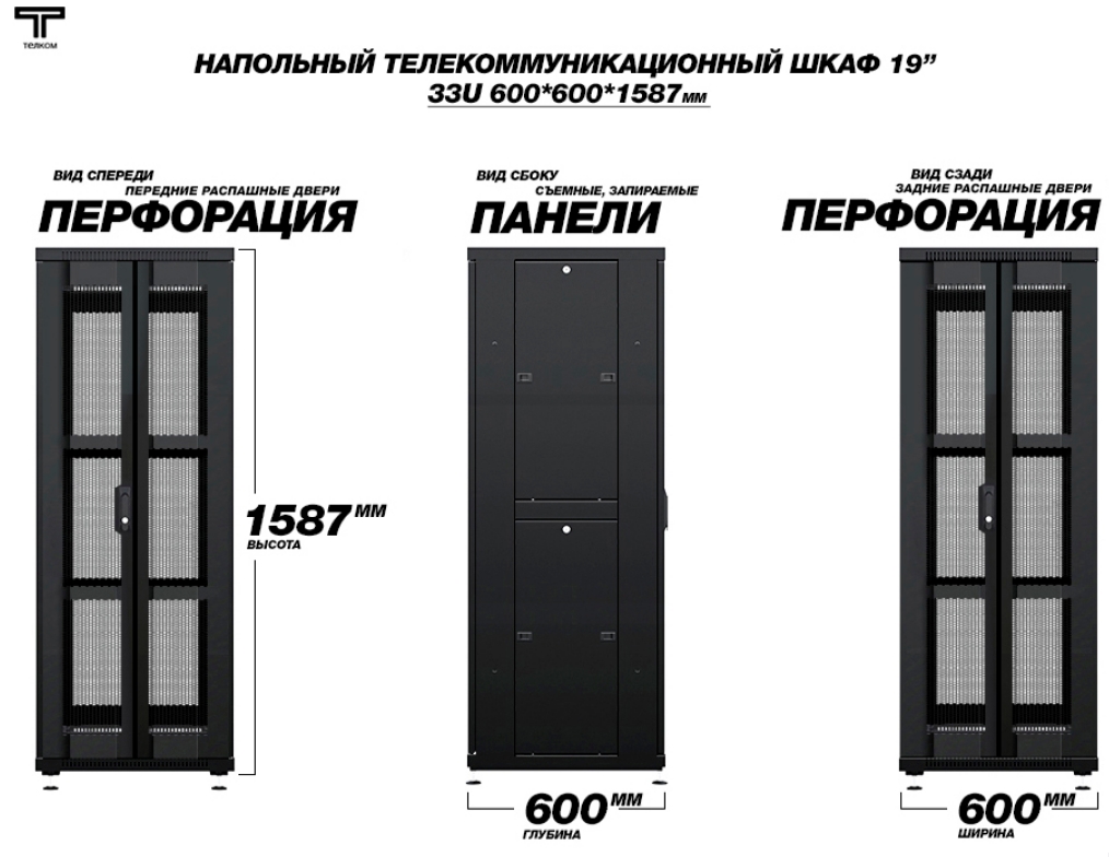 Шкаф 33U 600 600 с распашной перфорированной передней и перфорированной дверью ТЕЛКОМ