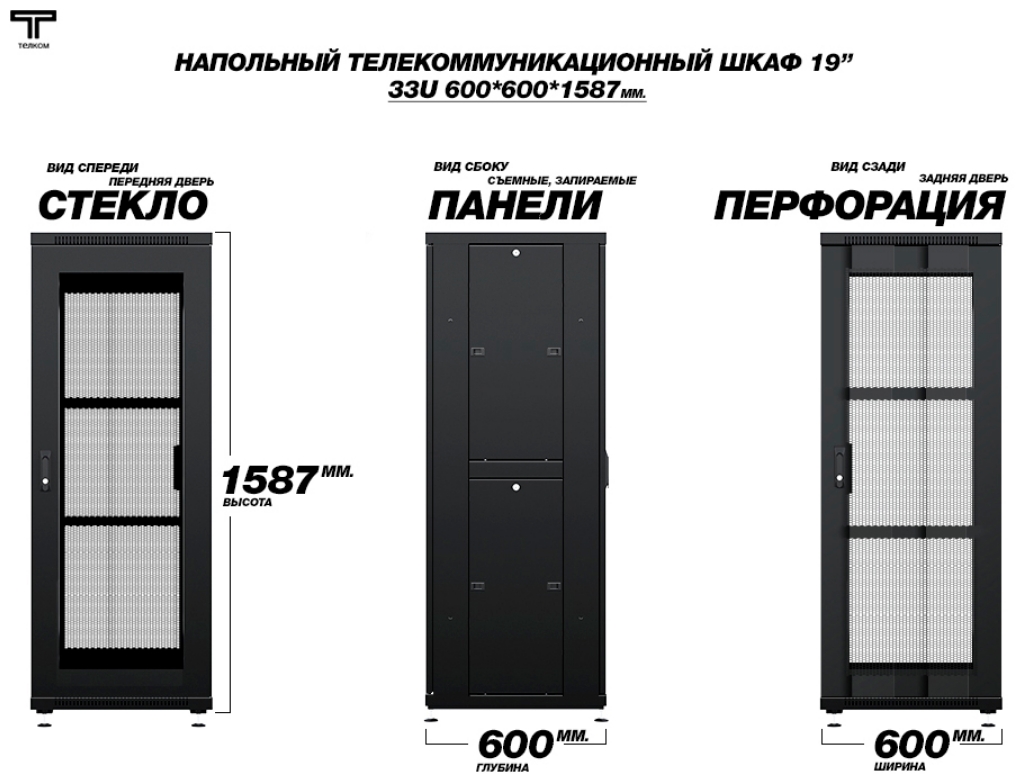 Шкаф 33 600 600 стеклянная передняя и задняя перфороированная дверь ТЕЛКОМ