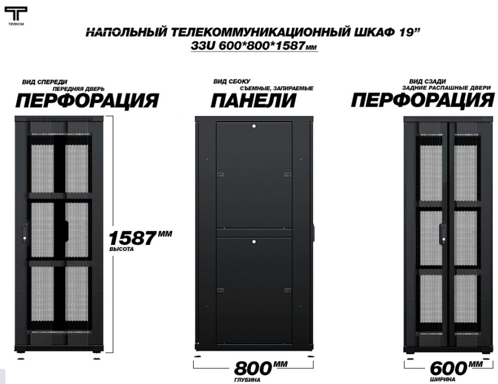 Шкаф 33U 600 800 с перфорированной передней и распашной перфорированной задней дверью  ТЕЛКОМ