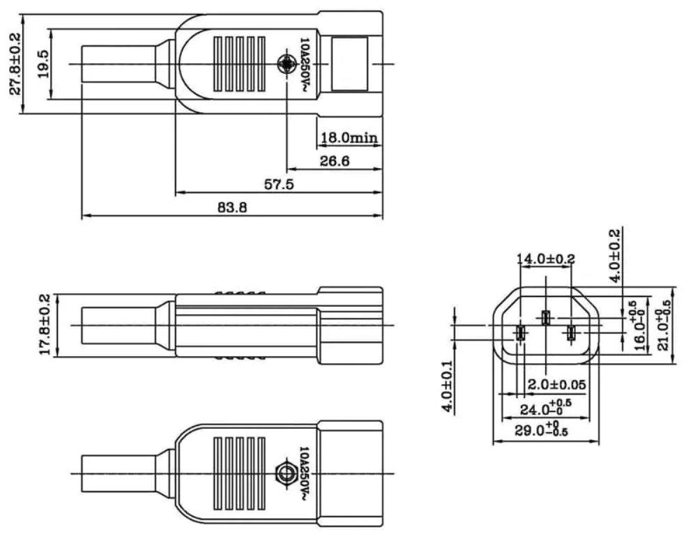 Чертеж вилки IEC-320-C14 